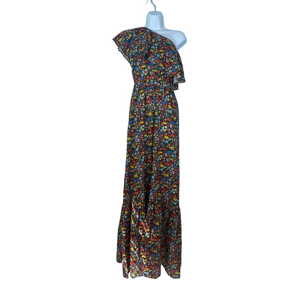 Perseverance One Shoulder Floral Maxi Dress MultiColor Ruffle 14 Linen Blend NEW